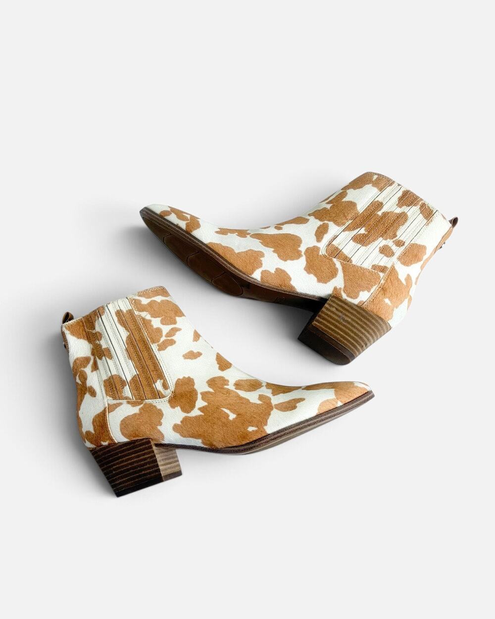 Nine West Cow Print Ankle Block Heel Boots Sz 8.5 Brown White Calf Hair Western